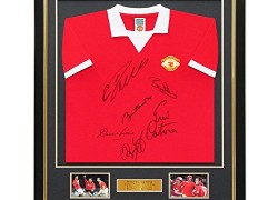 Manchester United Shirt Signed By Cristiano Ronaldo, Bobby Charlton, Eric Cantona, Denis Law, Bryan Robson and Ryan Giggs.